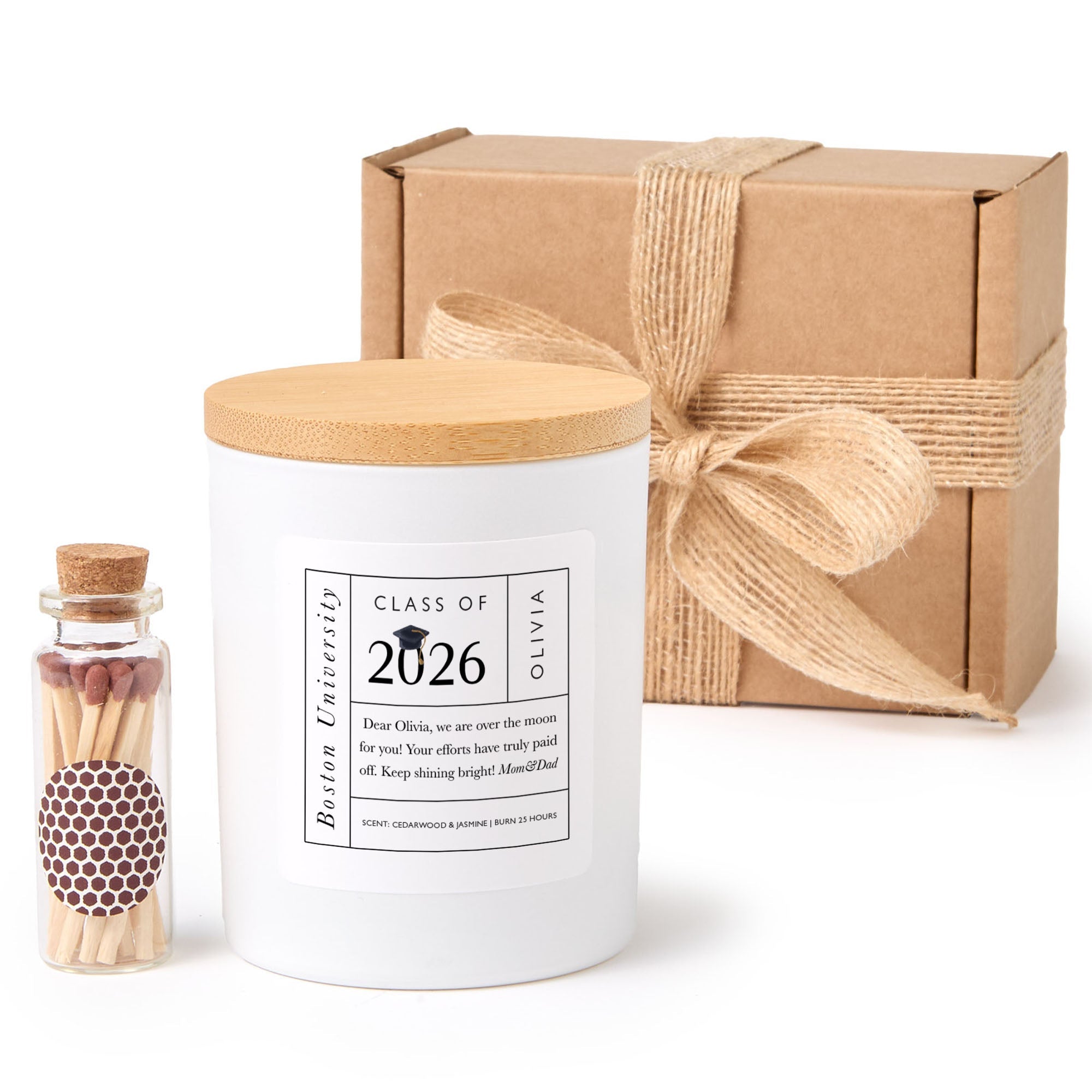 Personalized Graduation Candle for Class of 2026 Student, College or University Gift with Custom Name, Includes Matches