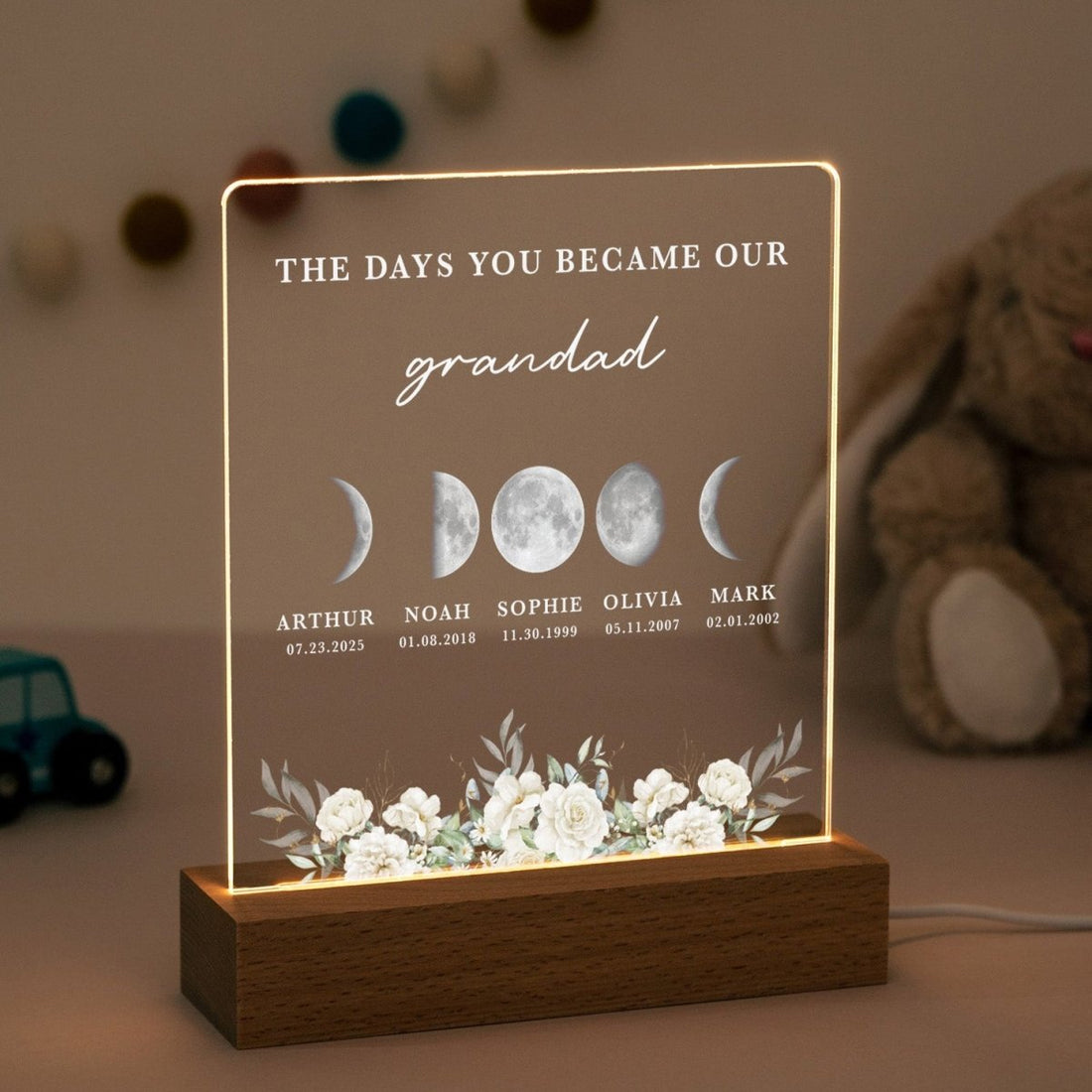 Personalized Grandad Night Light, Father’s Day Gift from Grandkids, Custom Moon Phase Lamp with Family Names