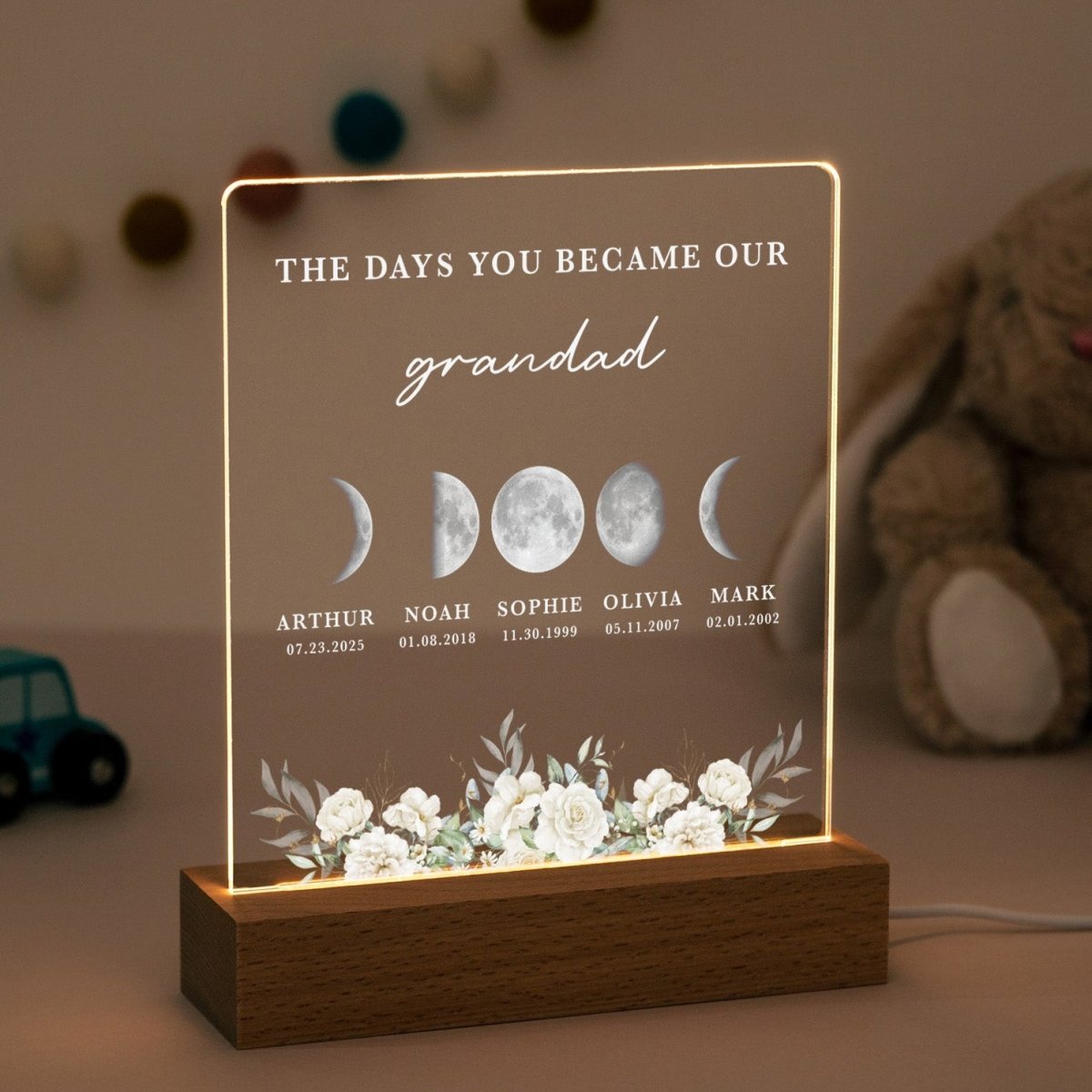 Personalized Grandad Night Light, Father’s Day Gift from Grandkids, Custom Moon Phase Lamp with Family Names