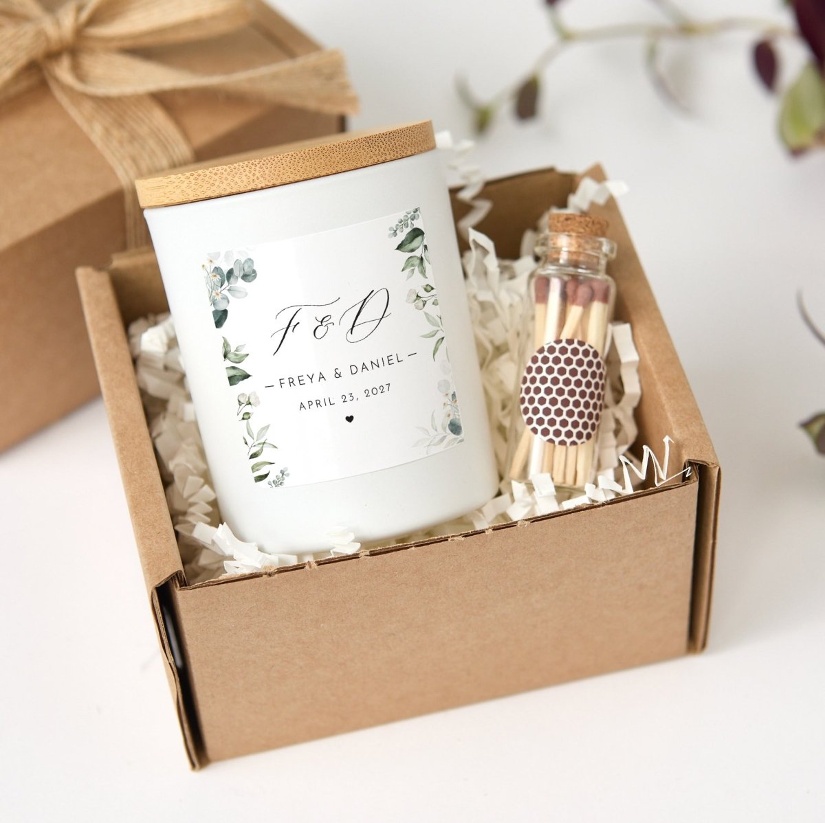 Personalized Greenery Wedding Candle, Custom Couple Initials Names And Date Favor With Gift Box And Matches
