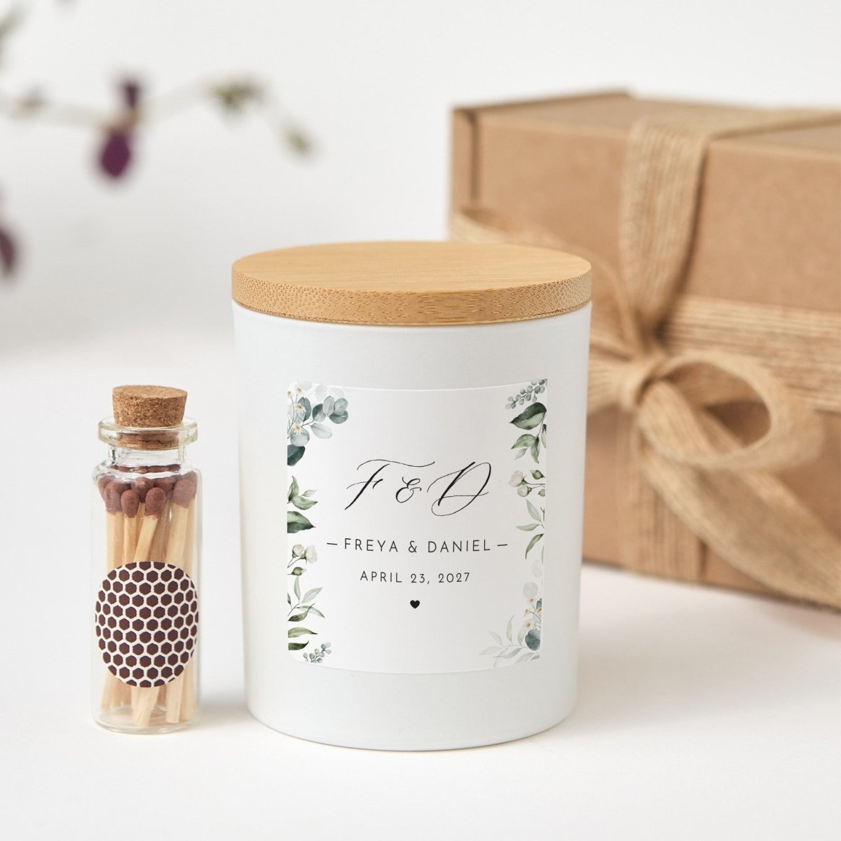 Personalized Greenery Wedding Candle, Custom Couple Initials Names And Date Favor With Gift Box And Matches