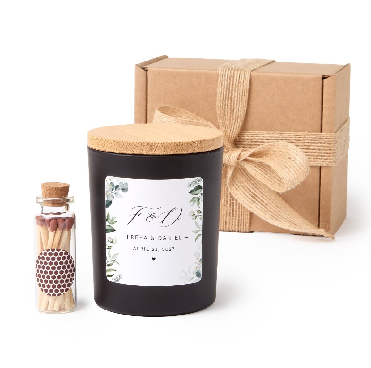 Personalized Greenery Wedding Candle, Custom Couple Initials Names And Date Favor With Gift Box And Matches