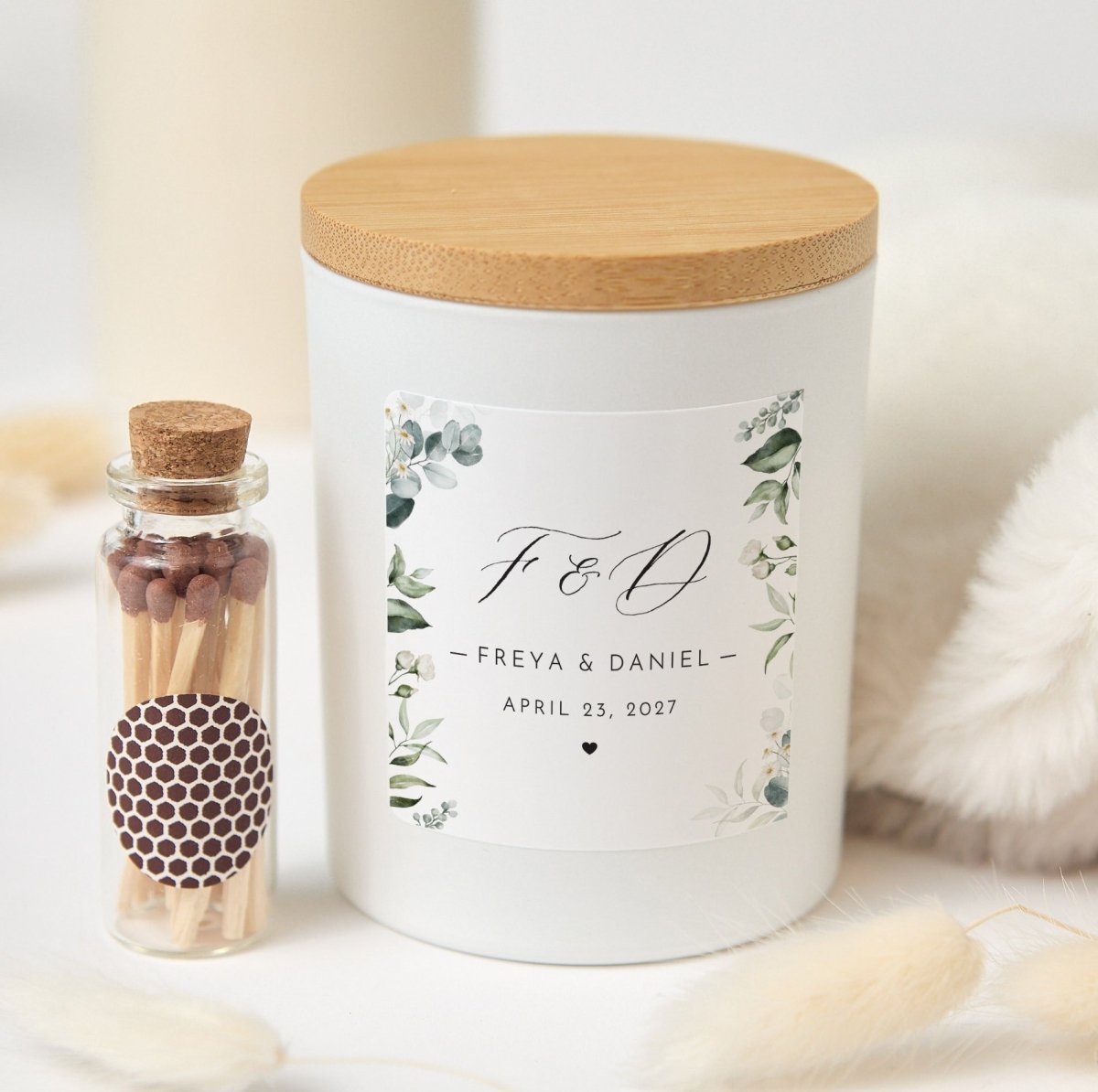 Personalized Greenery Wedding Candle, Custom Couple Initials Names And Date Favor With Gift Box And Matches