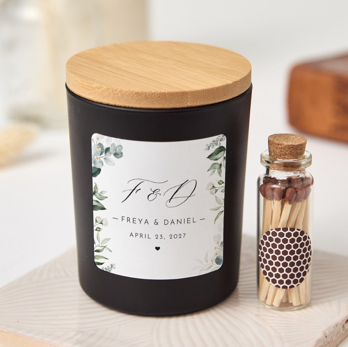 Personalized Greenery Wedding Candle, Custom Couple Initials Names And Date Favor With Gift Box And Matches