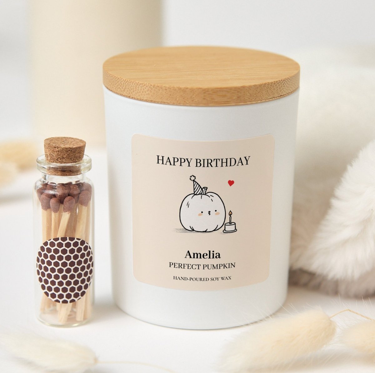 Personalized Happy Birthday Candle for Her, Cute Pumpkin Design, Gift Box with Matches for Amelia Celebration