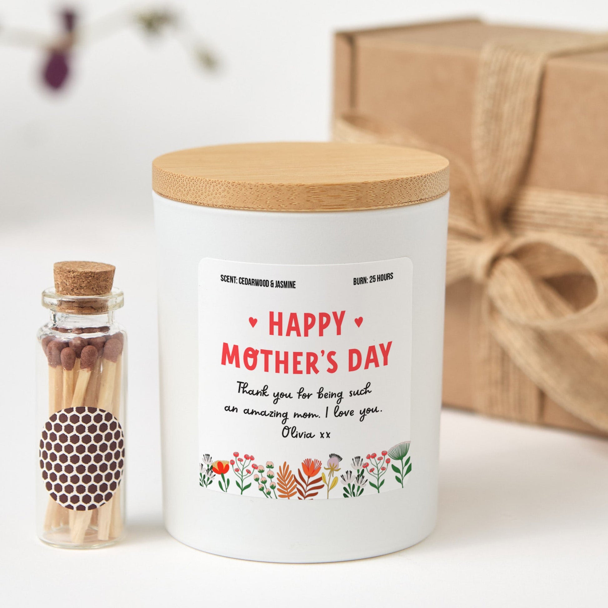 Personalized Happy Mother’s Day Scented Candle for Mom Gift | Custom Floral Message with Gift Box