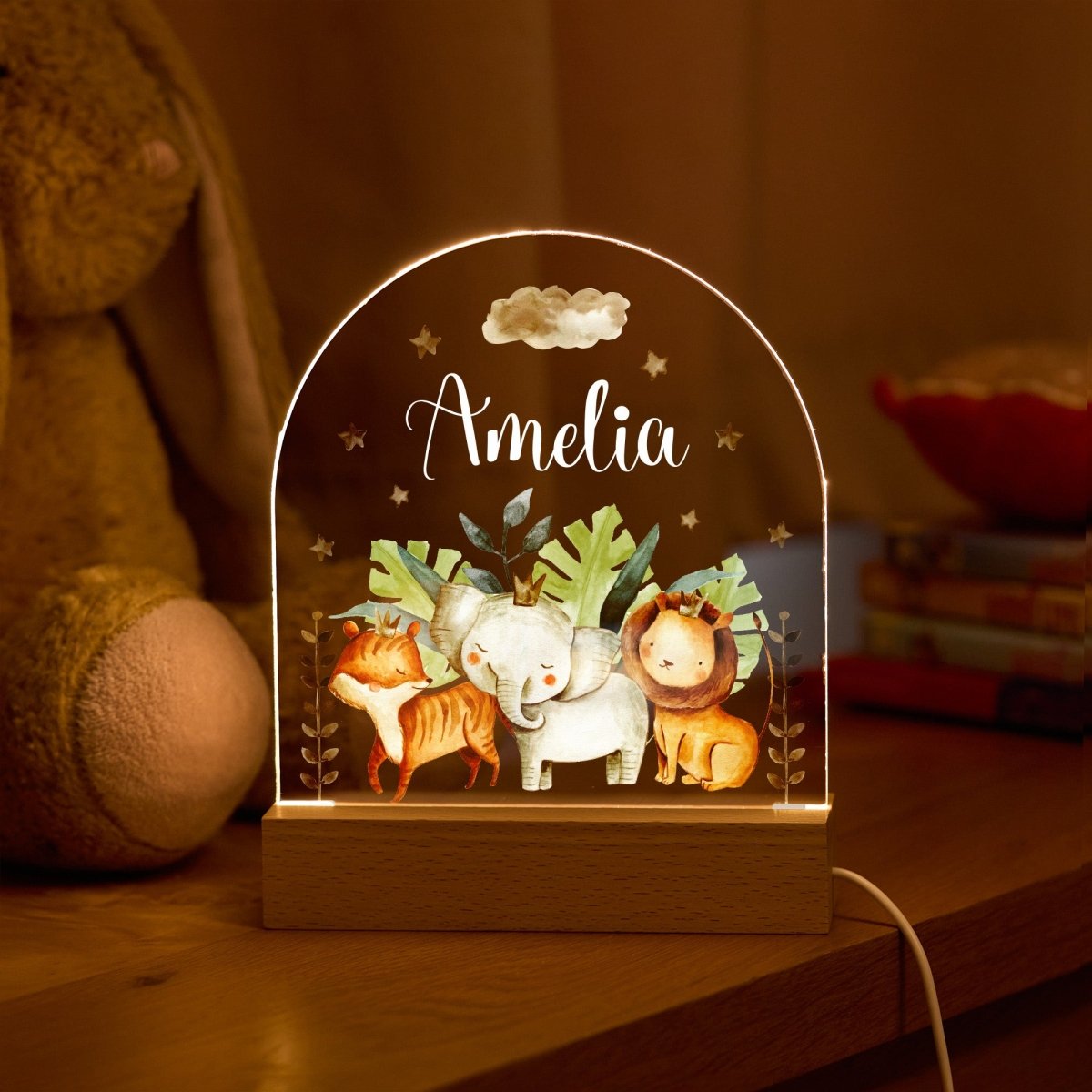 Personalized LED Light Gift for Kids, Safari Animal Night Light, Custom Nursery Lamp for Baby Child