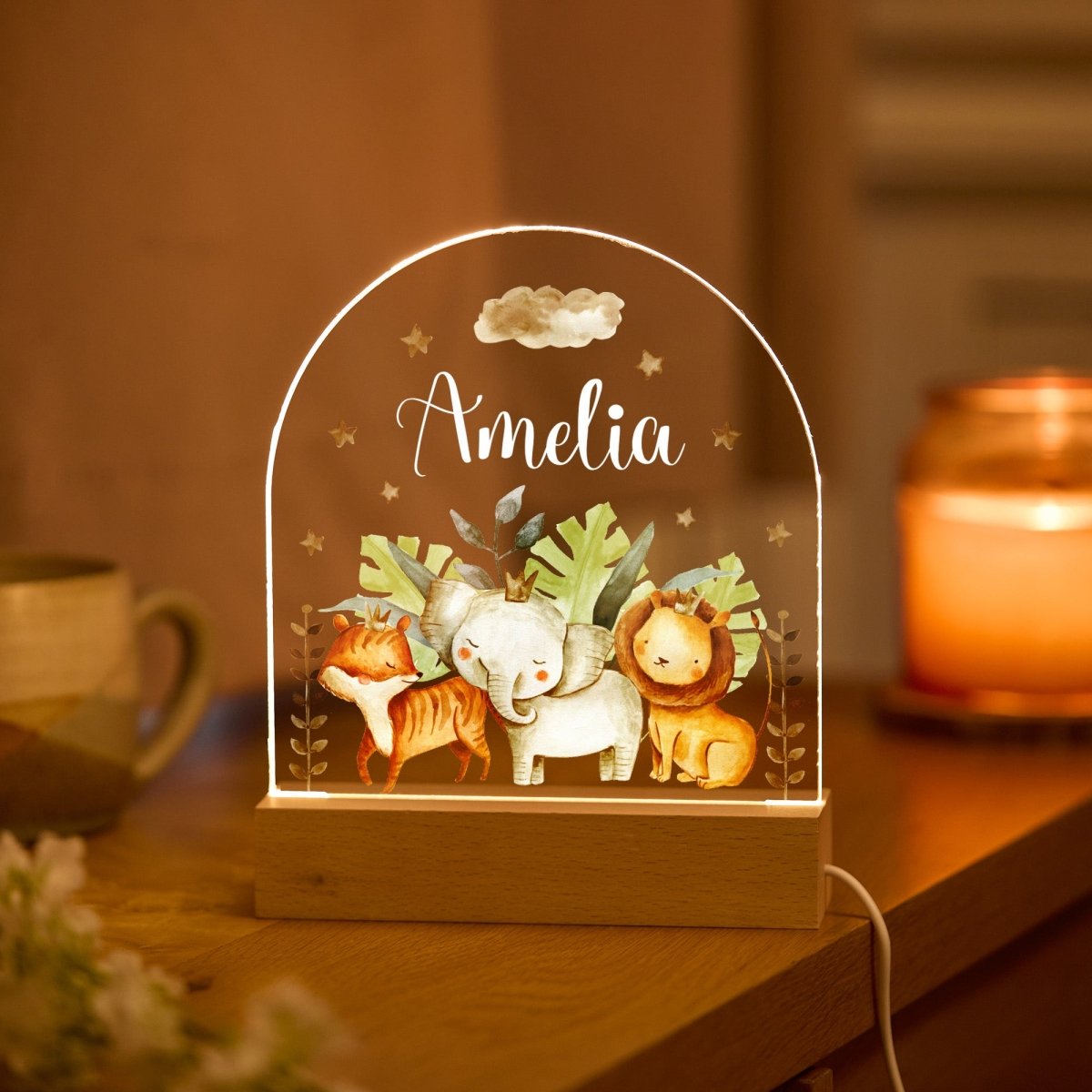 Personalized LED Light Gift for Kids, Safari Animal Night Light, Custom Nursery Lamp for Baby Child