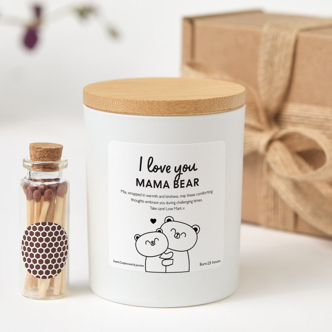Personalized Mama Bear Candle for Mom Gift | Custom Message Keepsake with Gift Box and Mini Matches
