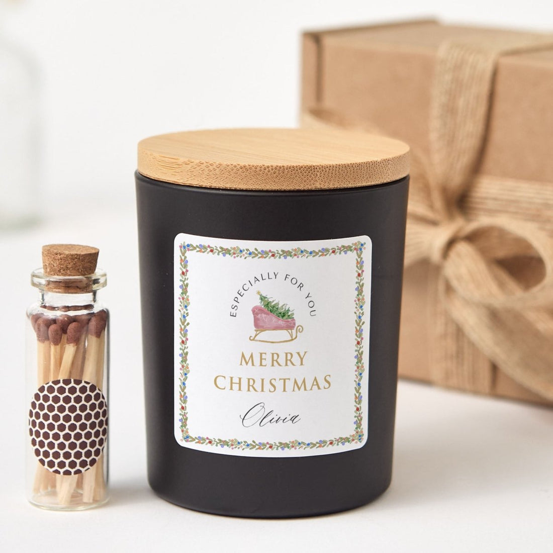 Personalized Merry Christmas Candle for Her, Specially for You Floral Label with Gift Box and Mini Matches