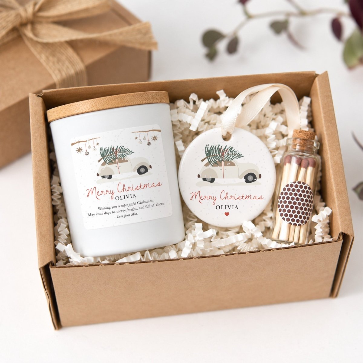 Personalized Merry Christmas Candle; Holiday Gift for Her; Ceramic Keepsake Ornament with Satin Ribboned Gift Box