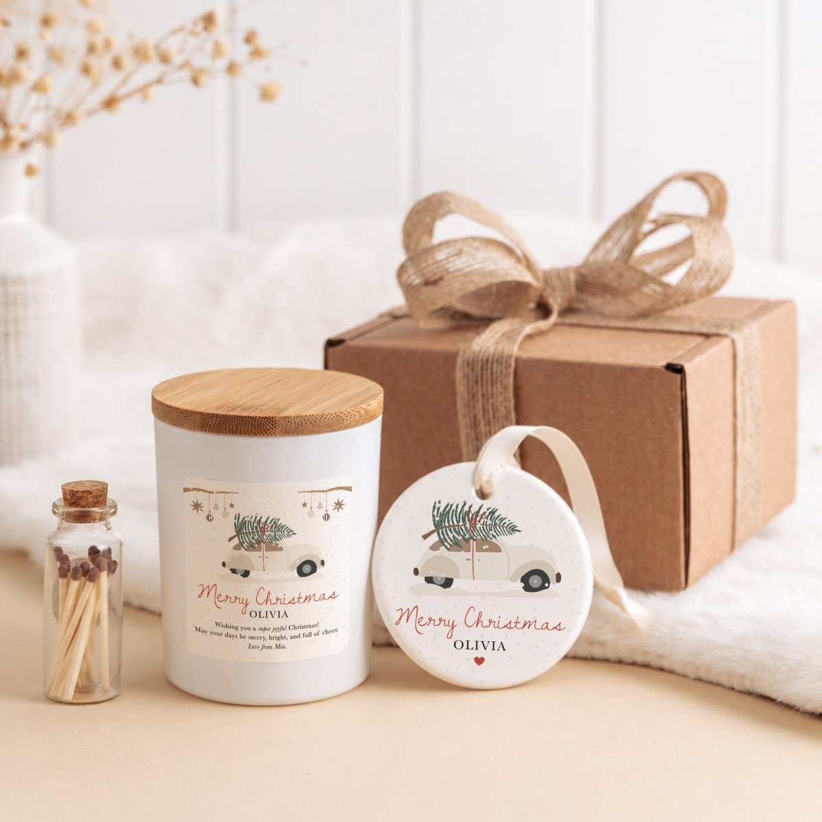 Personalized Merry Christmas Candle; Holiday Gift for Her; Ceramic Keepsake Ornament with Satin Ribboned Gift Box