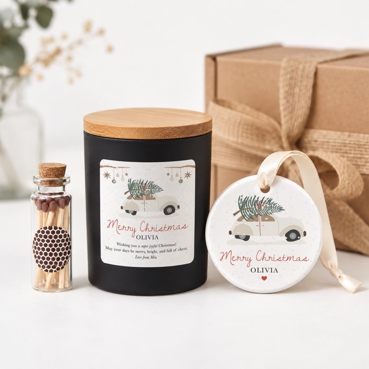 Personalized Merry Christmas Candle; Holiday Gift for Her; Ceramic Keepsake Ornament with Satin Ribboned Gift Box