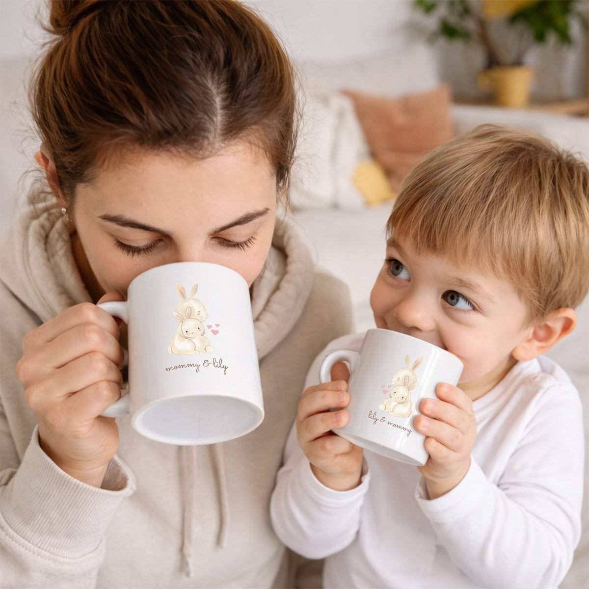 Personalized Mommy and Baby Mug Custom Names Mug Cute Bunny Design Mothers Gift 11oz