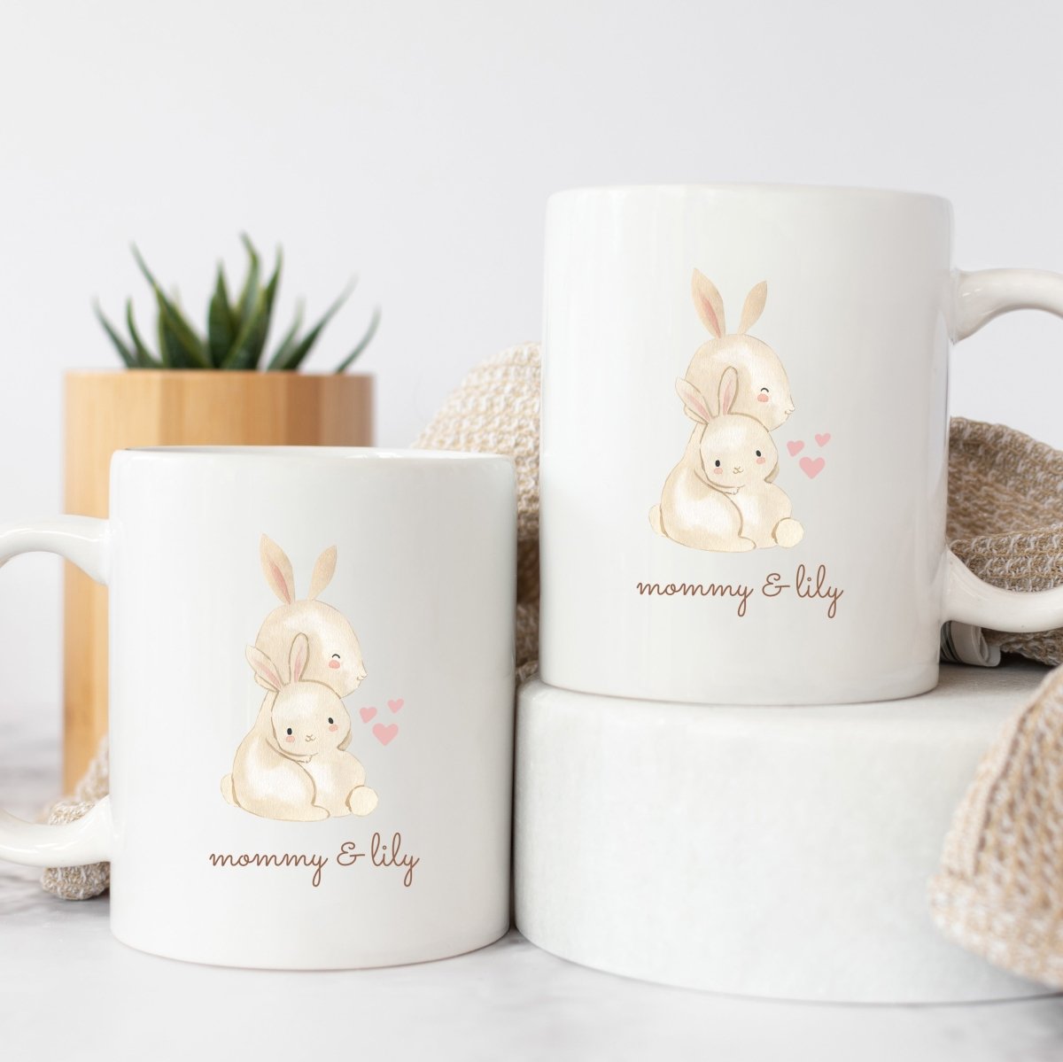 Personalized Mommy and Baby Mug Custom Names Mug Cute Bunny Design Mothers Gift 11oz
