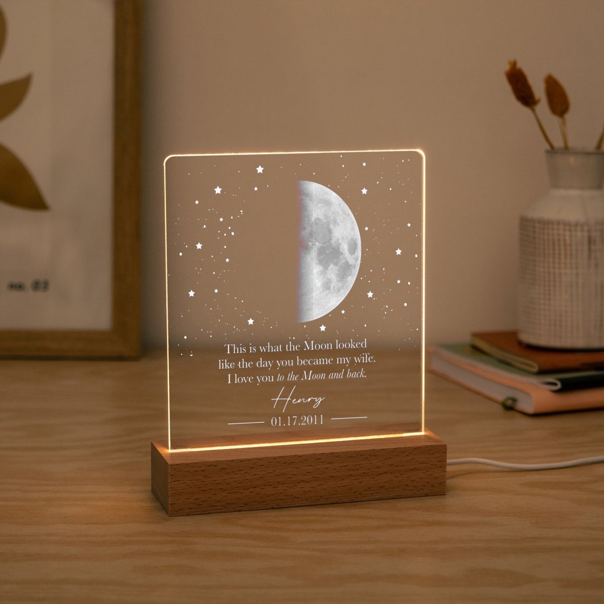 Personalized Moon Lamp for Wife, Anniversary Gift for Her, Custom Moon Phase Night Light with Date and Name