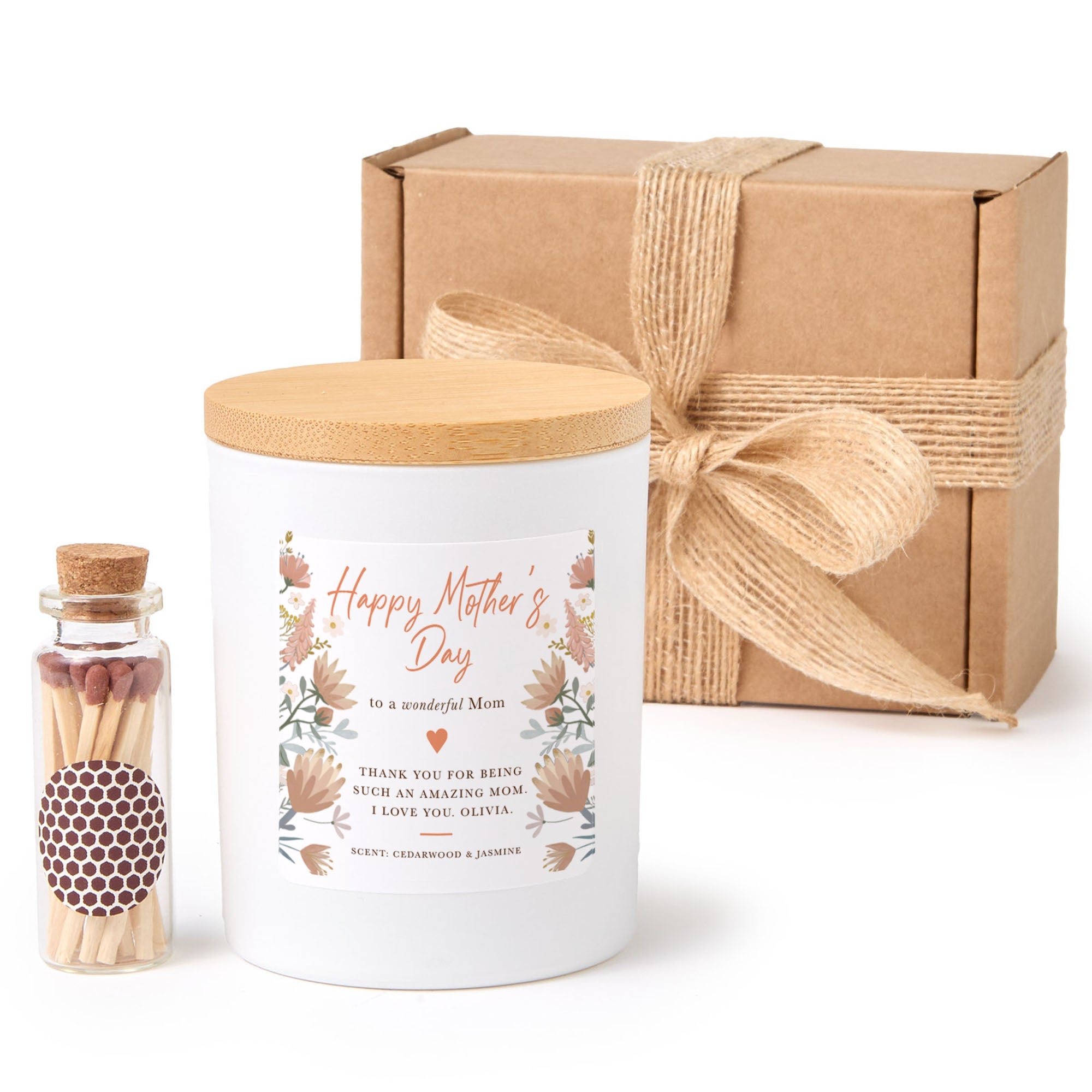 Personalized Mother’s Day Scented Candle for Mom Gift | Elegant Floral Label with Gift Box and Mini Matches