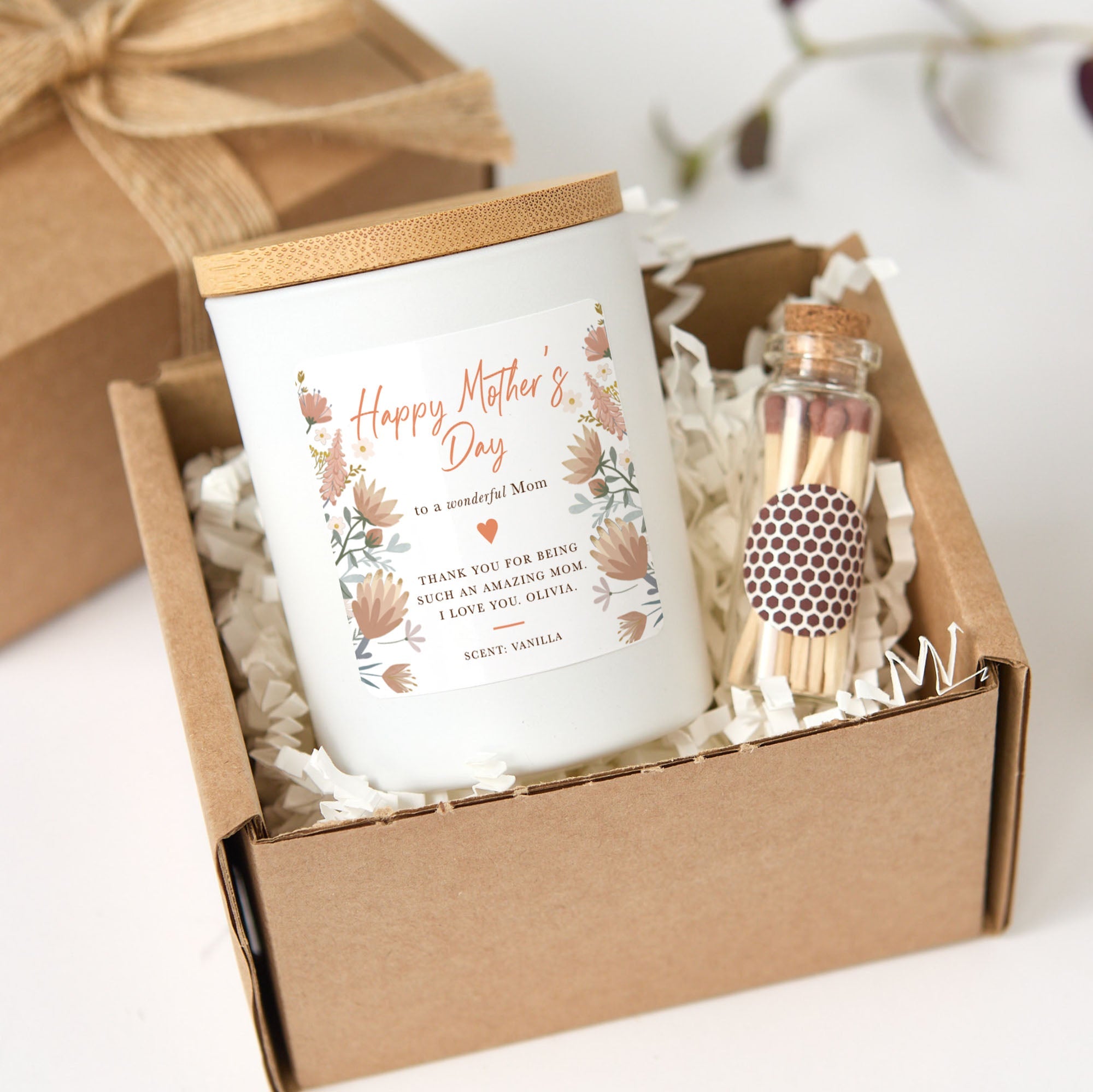 Personalized Mother’s Day Scented Candle for Mom Gift | Elegant Floral Label with Gift Box and Mini Matches