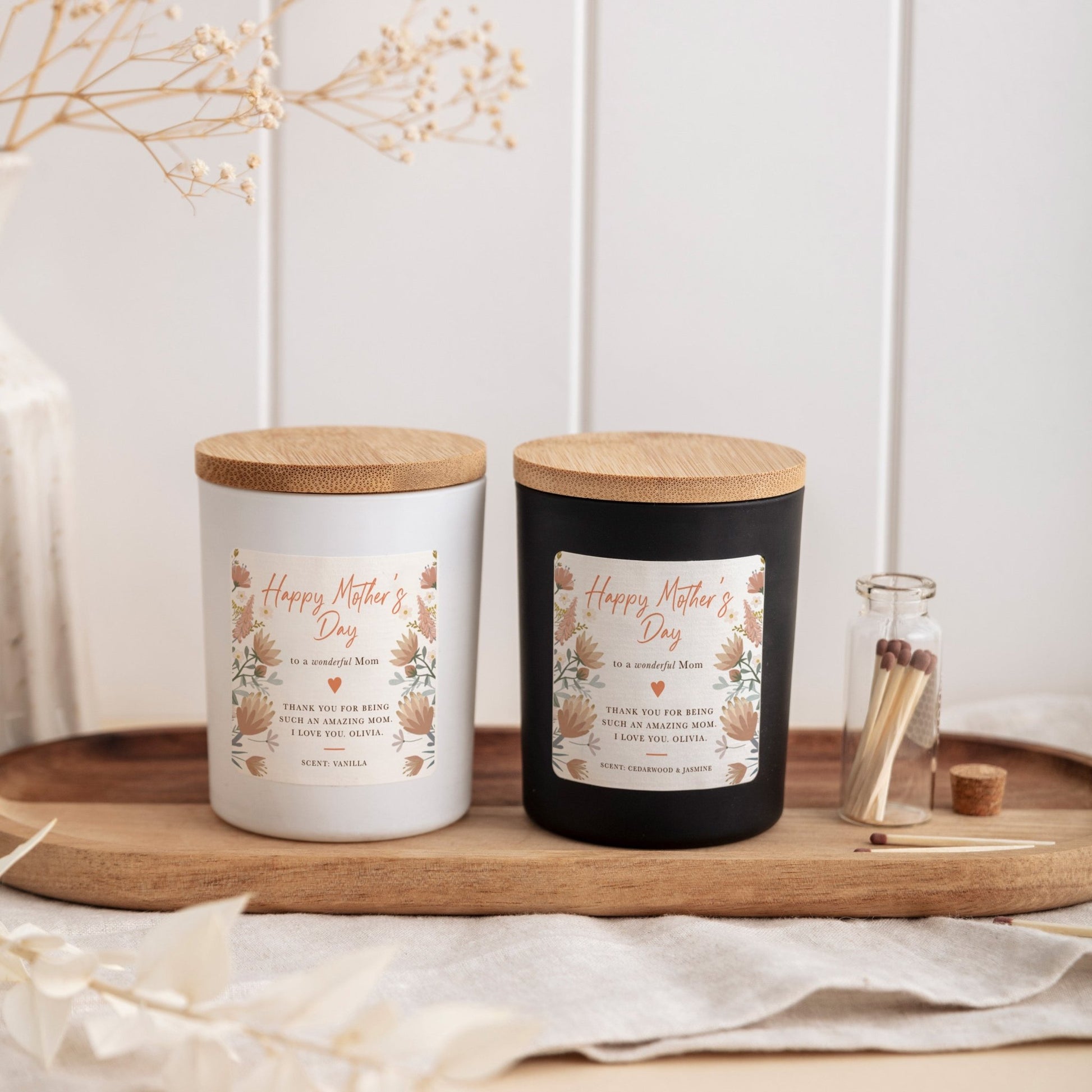 Personalized Mother’s Day Scented Candle for Mom Gift | Elegant Floral Label with Gift Box and Mini Matches