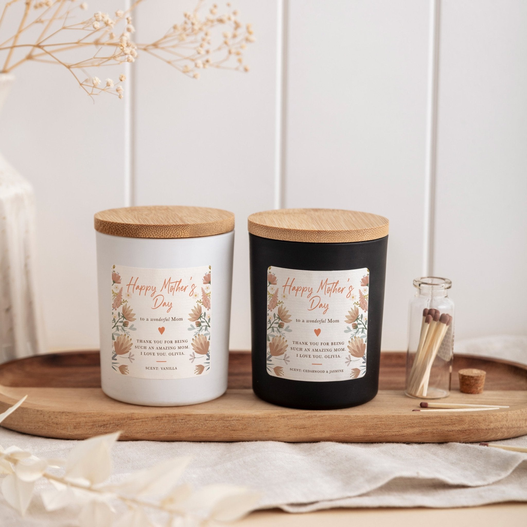 Personalized Mother’s Day Scented Candle for Mom Gift | Elegant Floral Label with Gift Box and Mini Matches