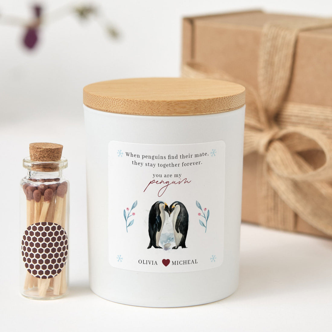 Personalized Penguin Couple Valentine Candle Gift Set with Matches, Gift for Couple