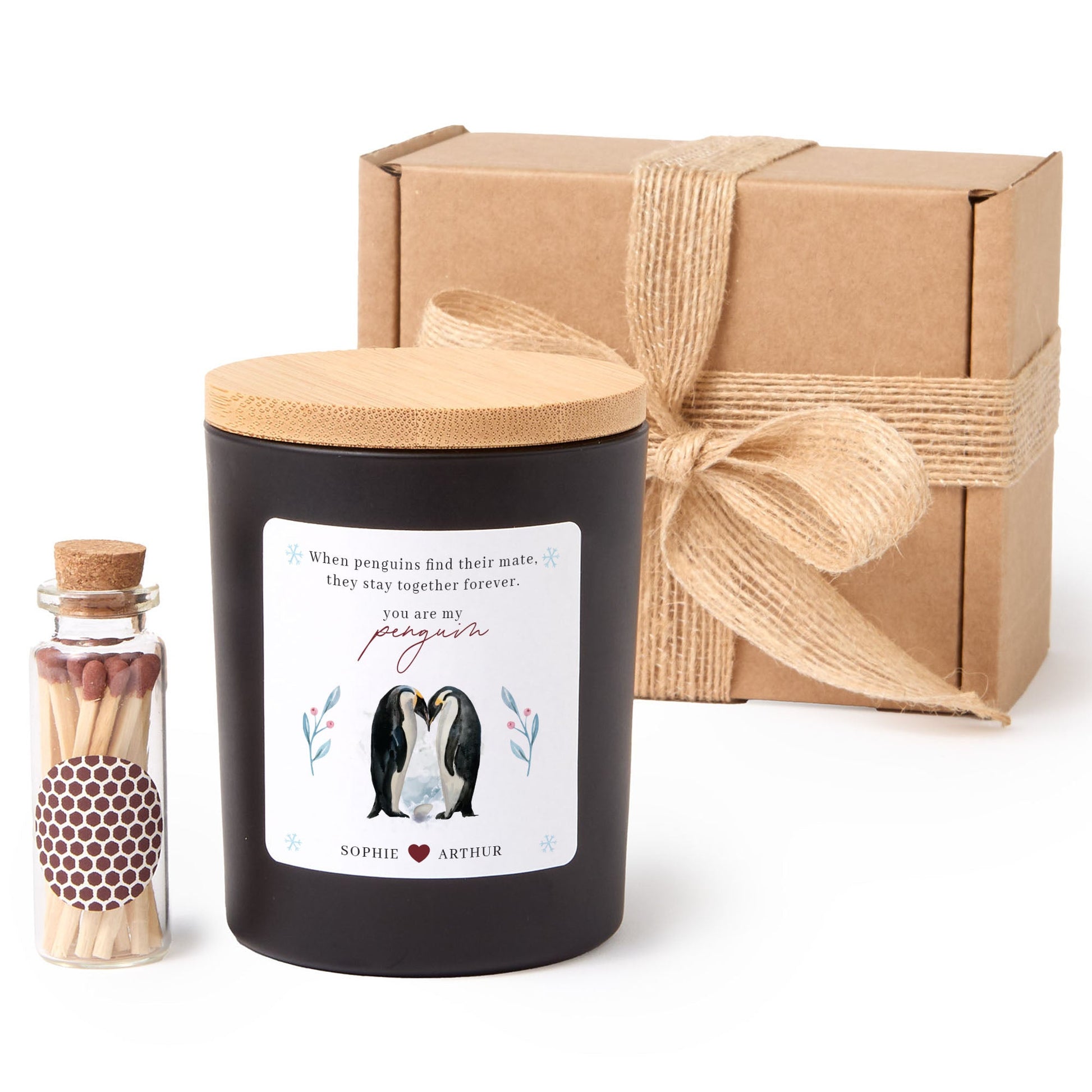 Personalized Penguin Couple Valentine Candle Gift Set with Matches, Gift for Couple
