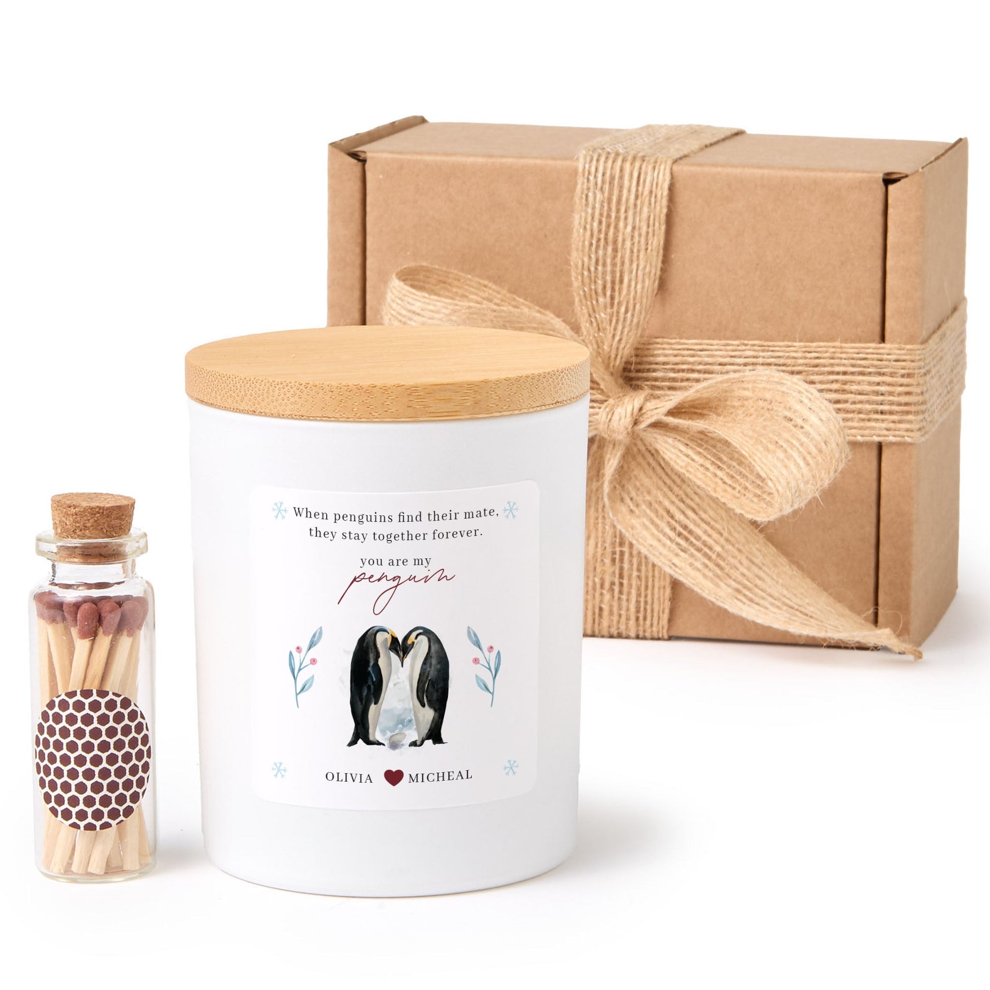 Personalized Penguin Couple Valentine Candle Gift Set with Matches, Gift for Couple