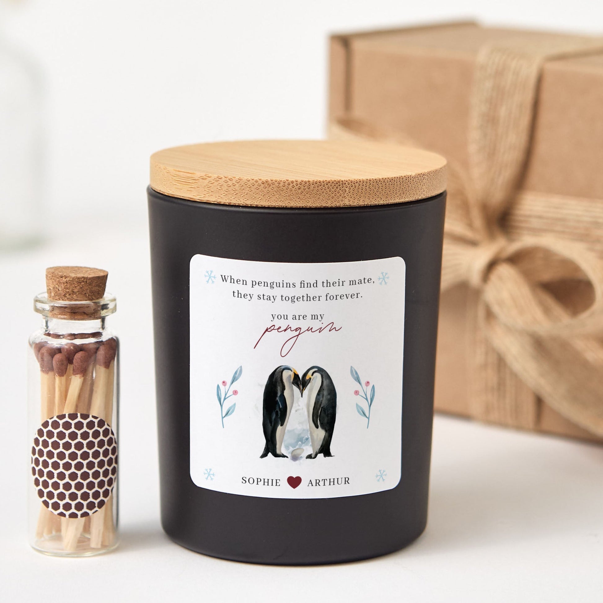 Personalized Penguin Couple Valentine Candle Gift Set with Matches, Gift for Couple