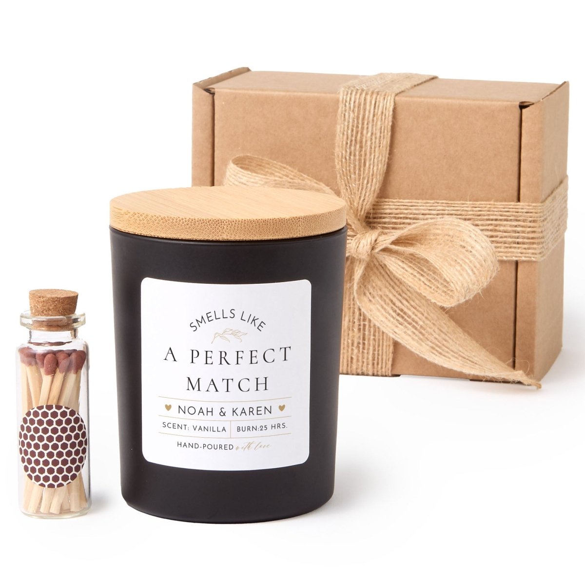Personalized Perfect Match Candle Gift, Custom Couple Keepsake for Wedding Anniversary or Engagement with Matches