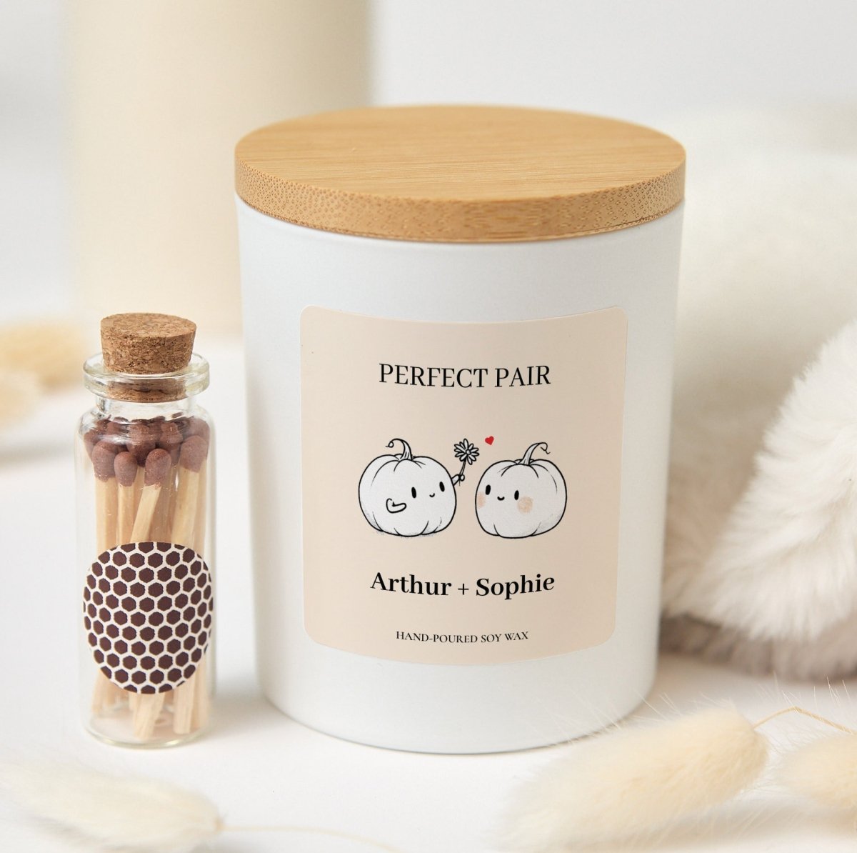 Personalized Perfect Pair Candle, Cute Pumpkin Couple Gift for Newlyweds, Anniversary or Engagement, Boxed with Matches