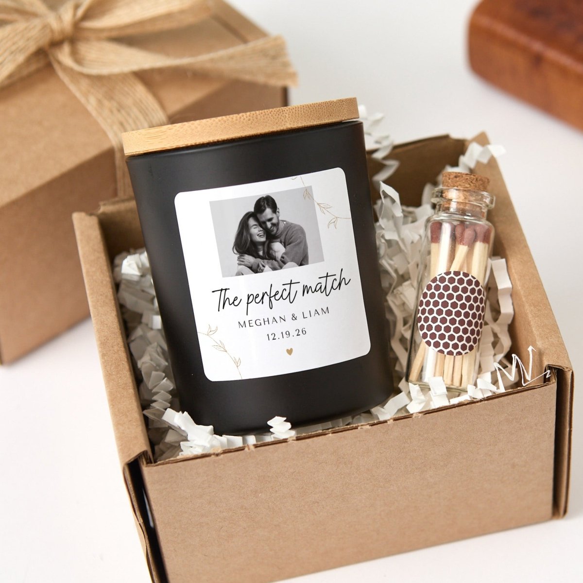 Personalized Photo Candle Gift, Perfect Match Keepsake for Couple Anniversary Engagement or Wedding Day with Matches