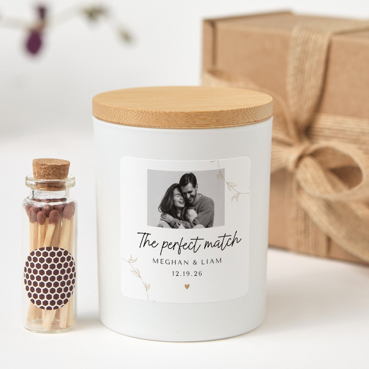 Personalized Photo Candle Gift, Perfect Match Keepsake for Couple Anniversary Engagement or Wedding Day with Matches