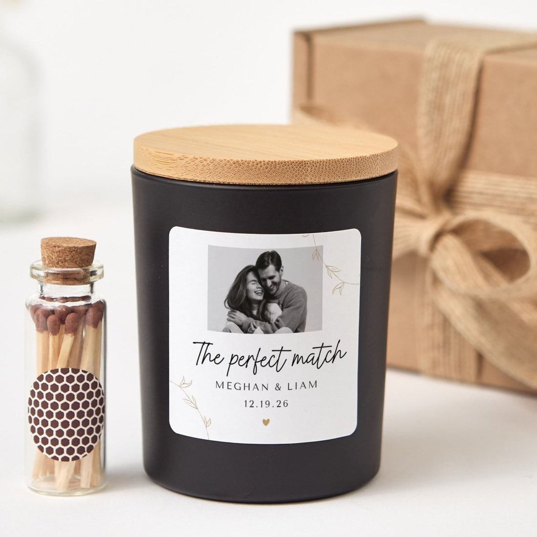 Personalized Photo Candle Gift, Perfect Match Keepsake for Couple Anniversary Engagement or Wedding Day with Matches