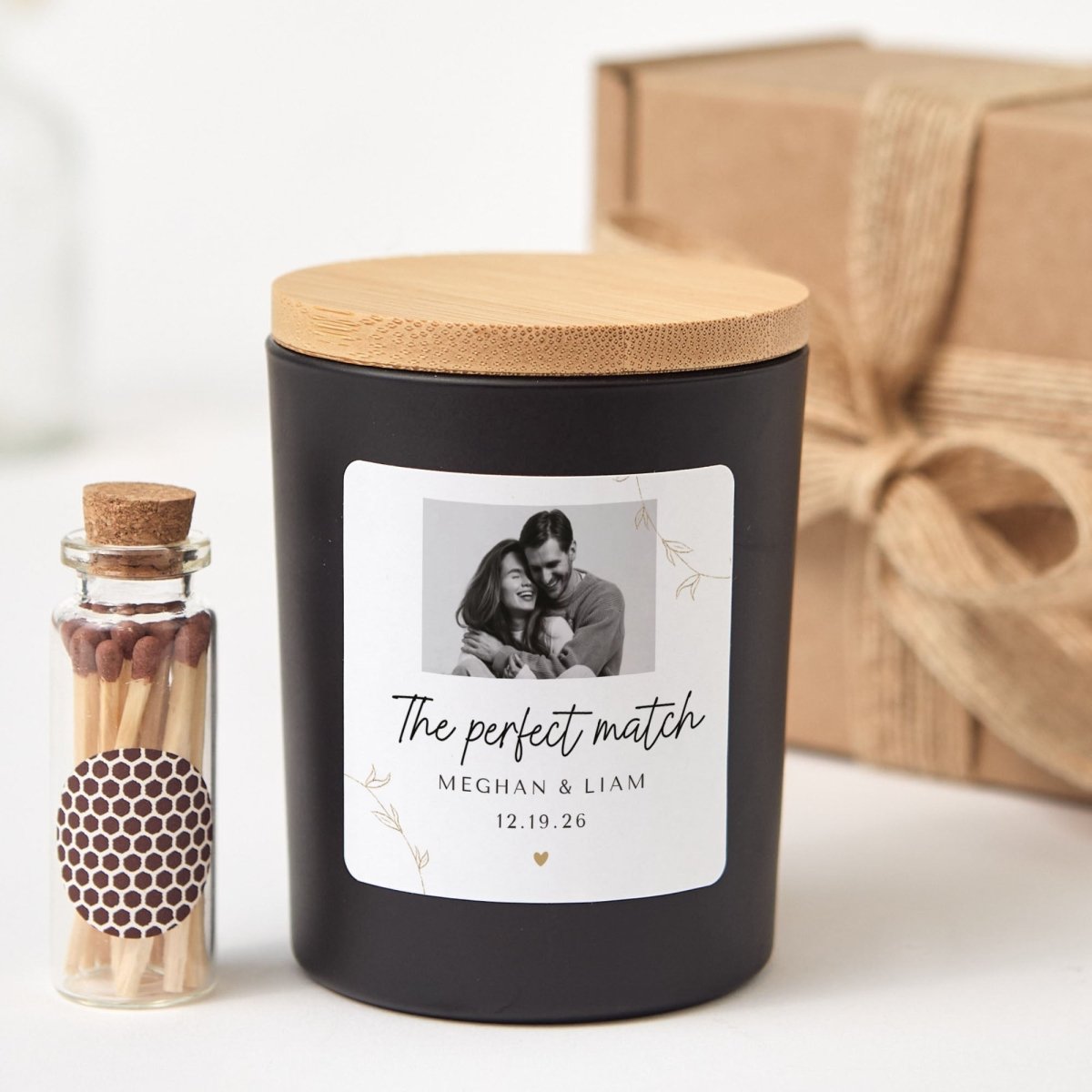 Personalized Photo Candle Gift, Perfect Match Keepsake for Couple Anniversary Engagement or Wedding Day with Matches