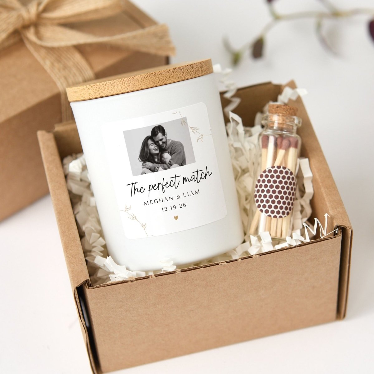 Personalized Photo Candle Gift, Perfect Match Keepsake for Couple Anniversary Engagement or Wedding Day with Matches