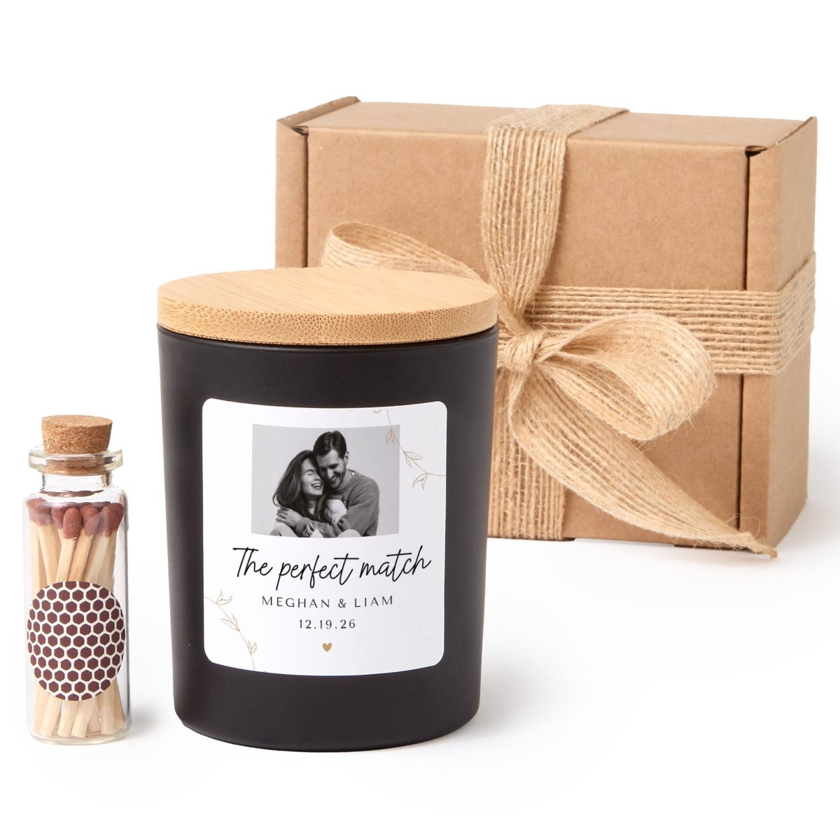 Personalized Photo Candle Gift, Perfect Match Keepsake for Couple Anniversary Engagement or Wedding Day with Matches