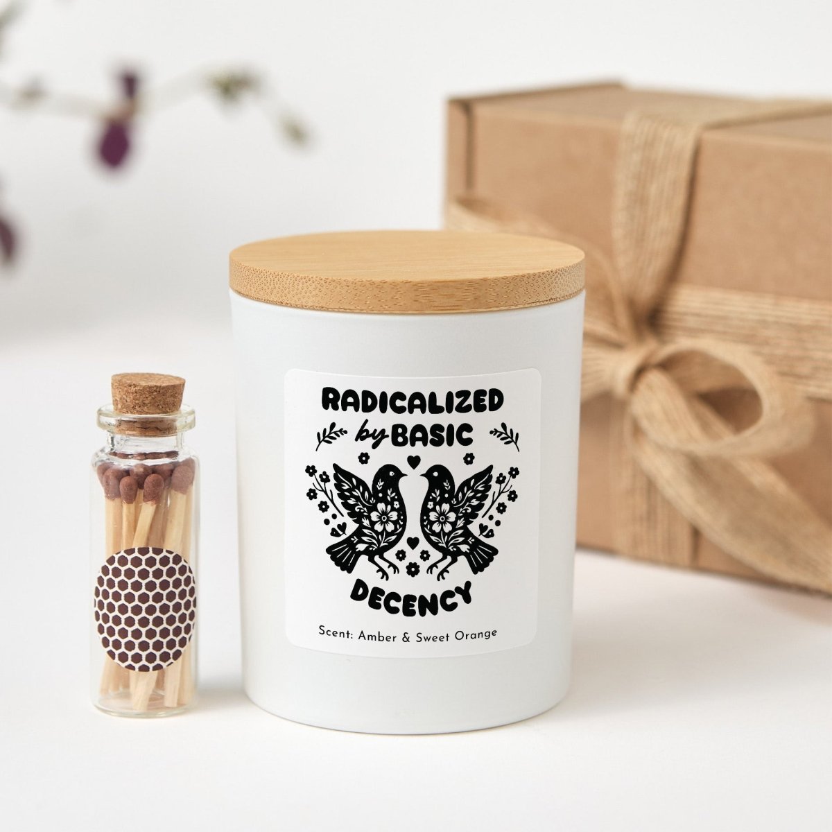 Personalized Radicalized By Basic Decency Soy Candle, Funny Liberal Gift, Activist Friend Present With Gift Box