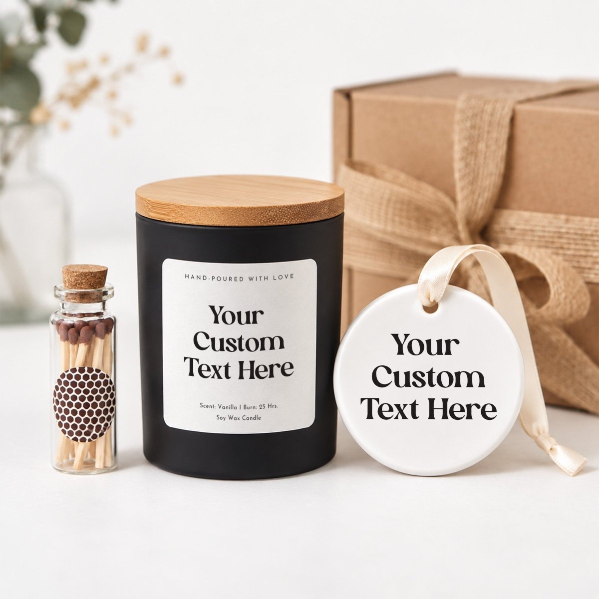 Personalized Soy Wax Candle & Ceramic Ornament, Custom Text, Any Occasion Gift in Ribboned Box