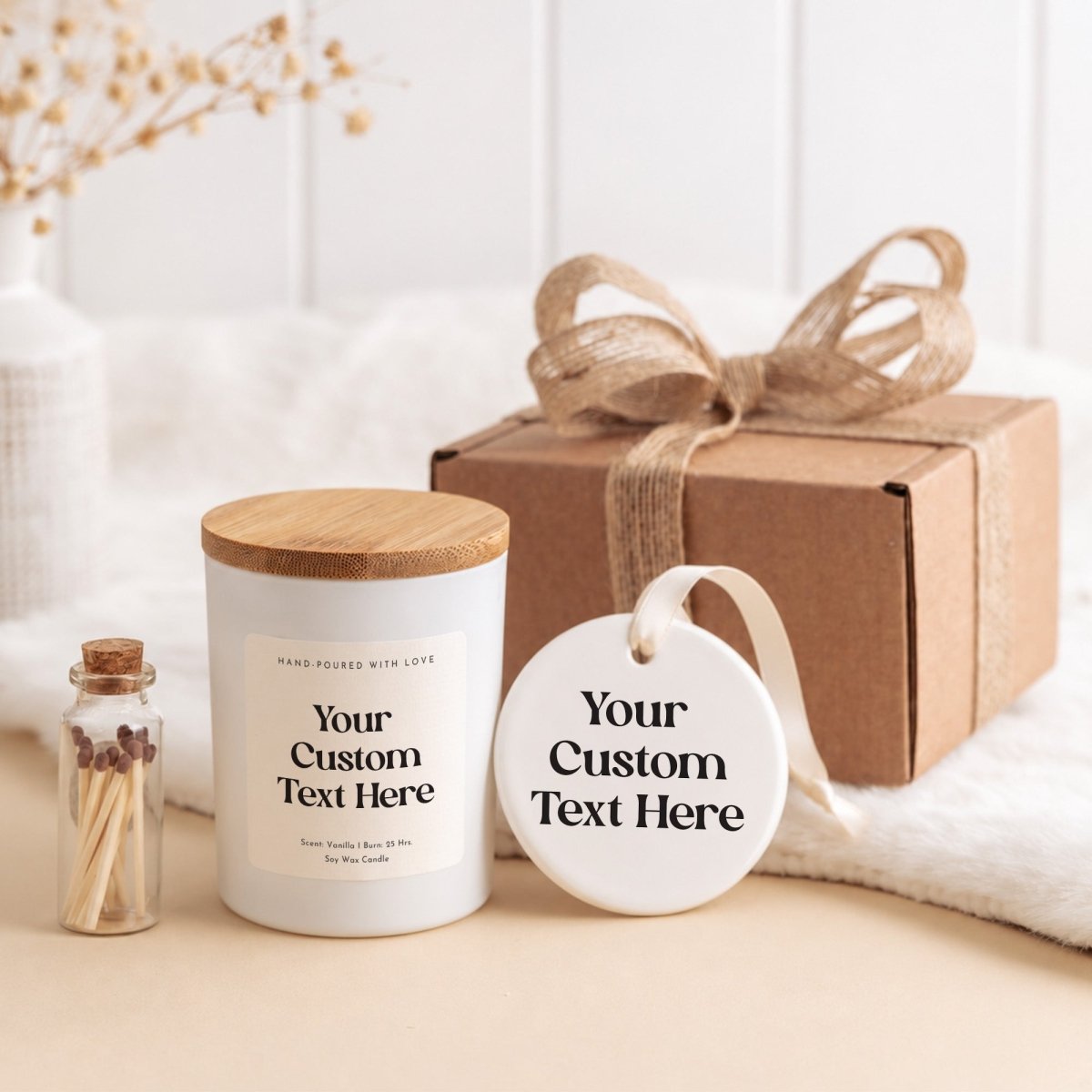 Personalized Soy Wax Candle & Ceramic Ornament, Custom Text, Any Occasion Gift in Ribboned Box