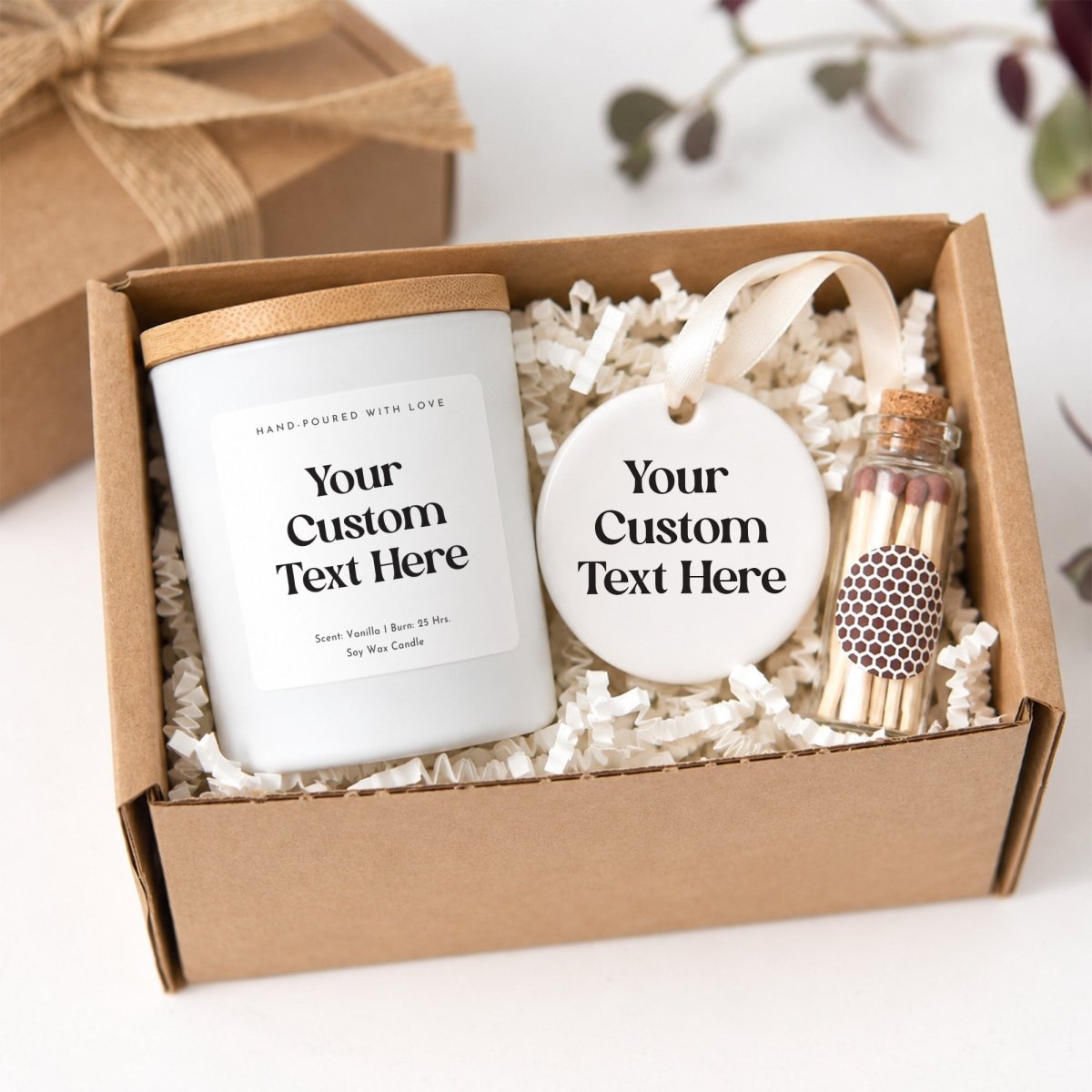 Personalized Soy Wax Candle & Ceramic Ornament, Custom Text, Any Occasion Gift in Ribboned Box