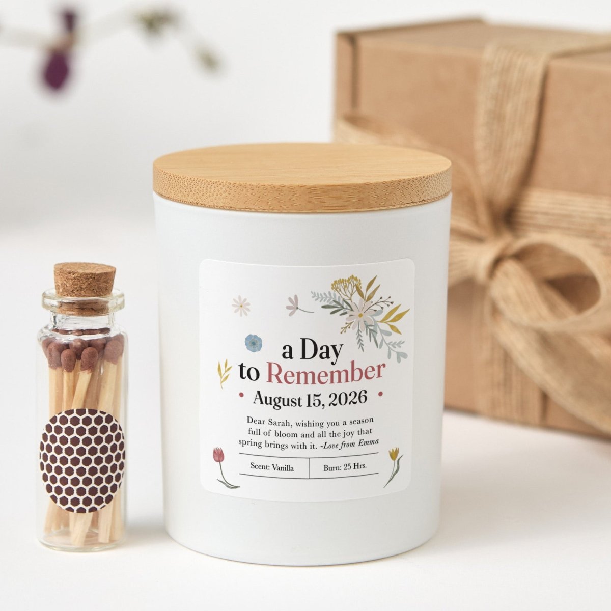 Personalized Spring Candle Gift for Her, Custom Floral Soy Candle for Birthday or Thank You, Comes with Matches