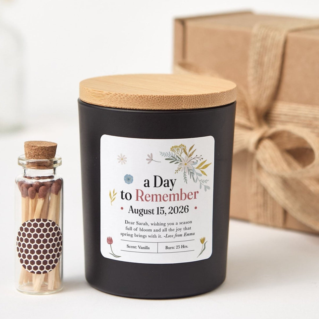 Personalized Spring Candle Gift for Her, Custom Floral Soy Candle for Birthday or Thank You, Comes with Matches