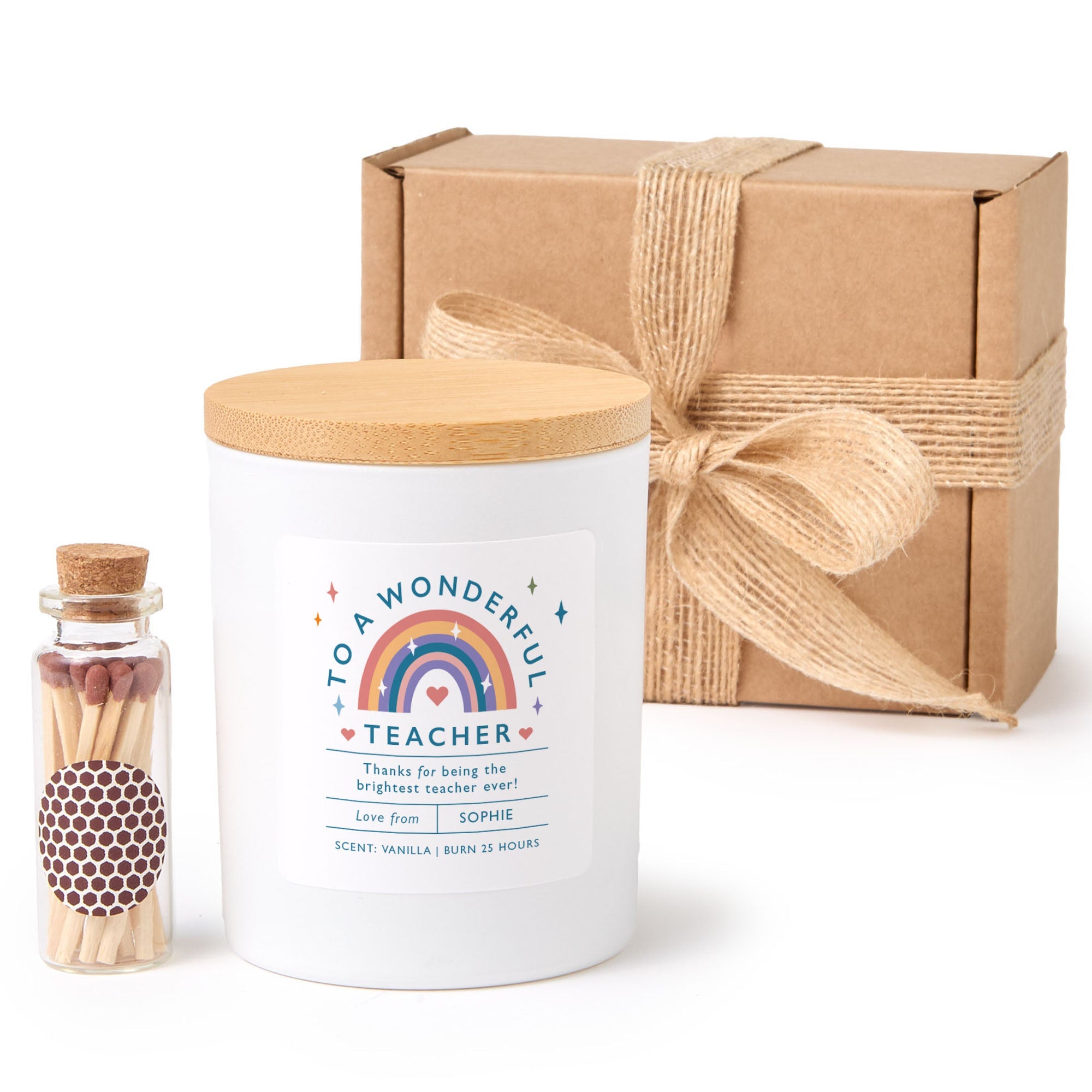 Personalized Teacher Appreciation Candle, Thank You Gift for Teacher from Student, End of Year Present with Matches