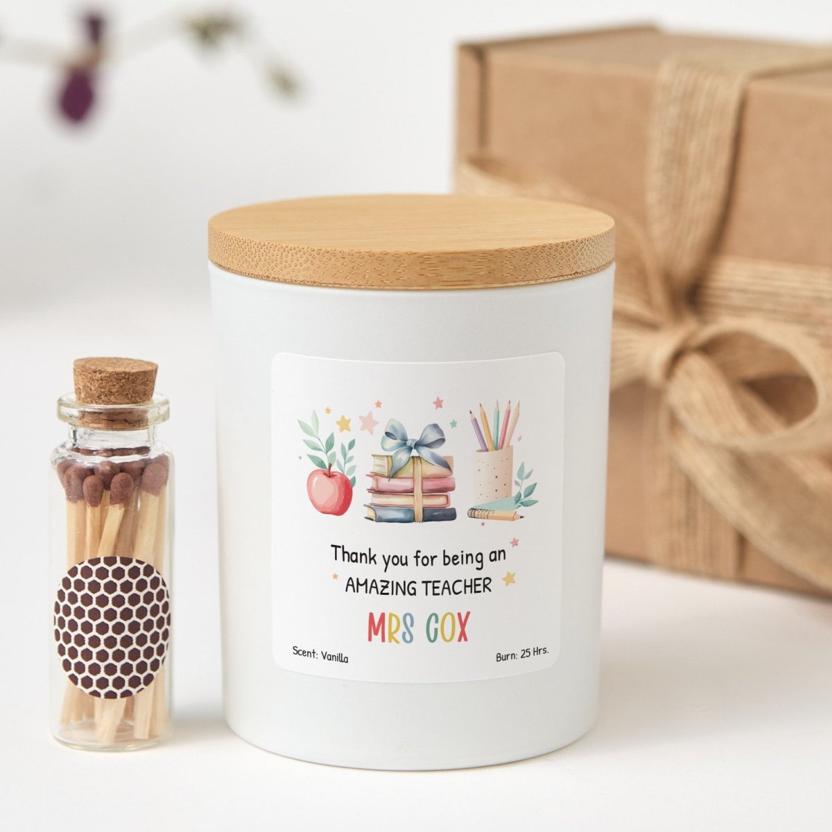 Personalized Teacher Candle Gift, Thank You Present for Amazing Educator, Soy Keepsake with Match Jar