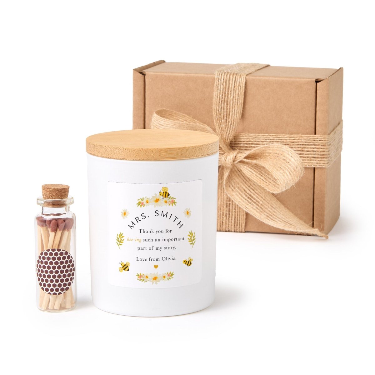 Personalized Teacher Candle Gift, Thank You Present Student, Bee Theme Appreciation Keepsake with Matches
