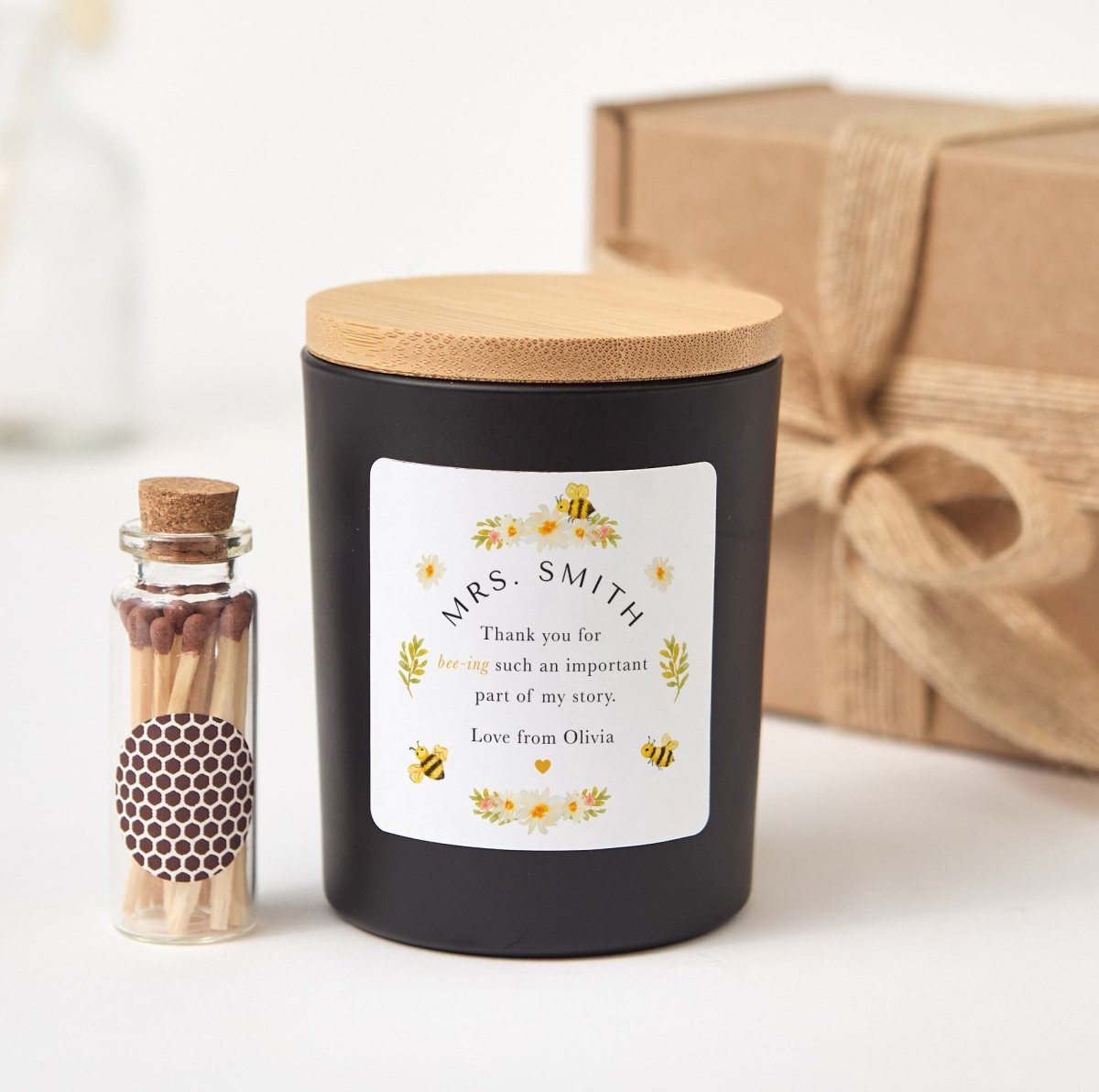 Personalized Teacher Candle Gift, Thank You Present Student, Bee Theme Appreciation Keepsake with Matches