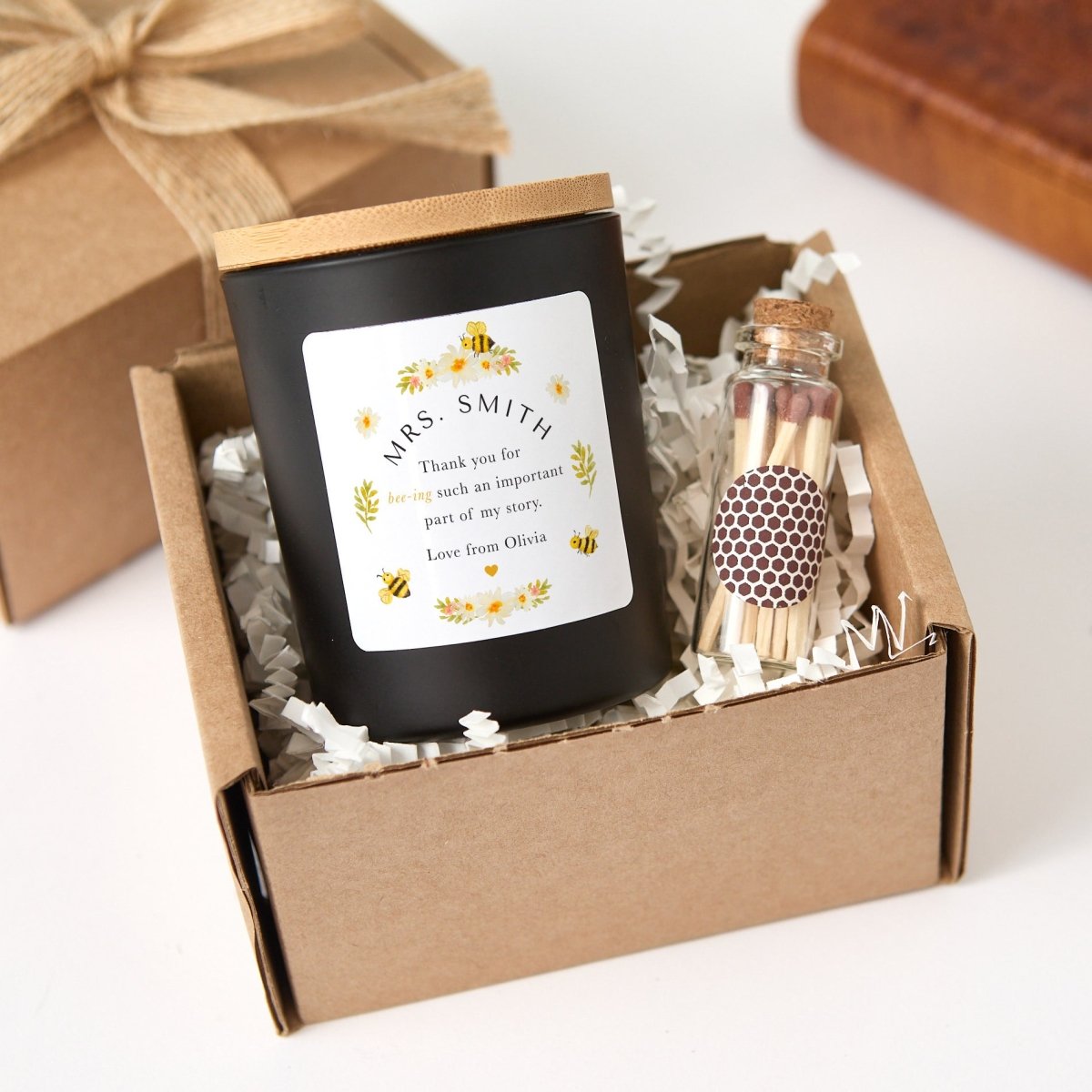 Personalized Teacher Candle Gift, Thank You Present Student, Bee Theme Appreciation Keepsake with Matches
