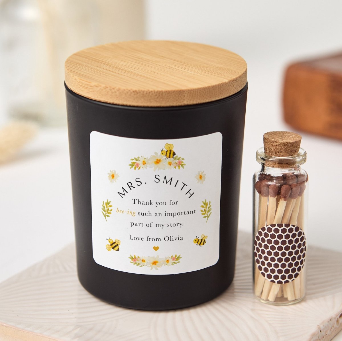 Personalized Teacher Candle Gift, Thank You Present Student, Bee Theme Appreciation Keepsake with Matches