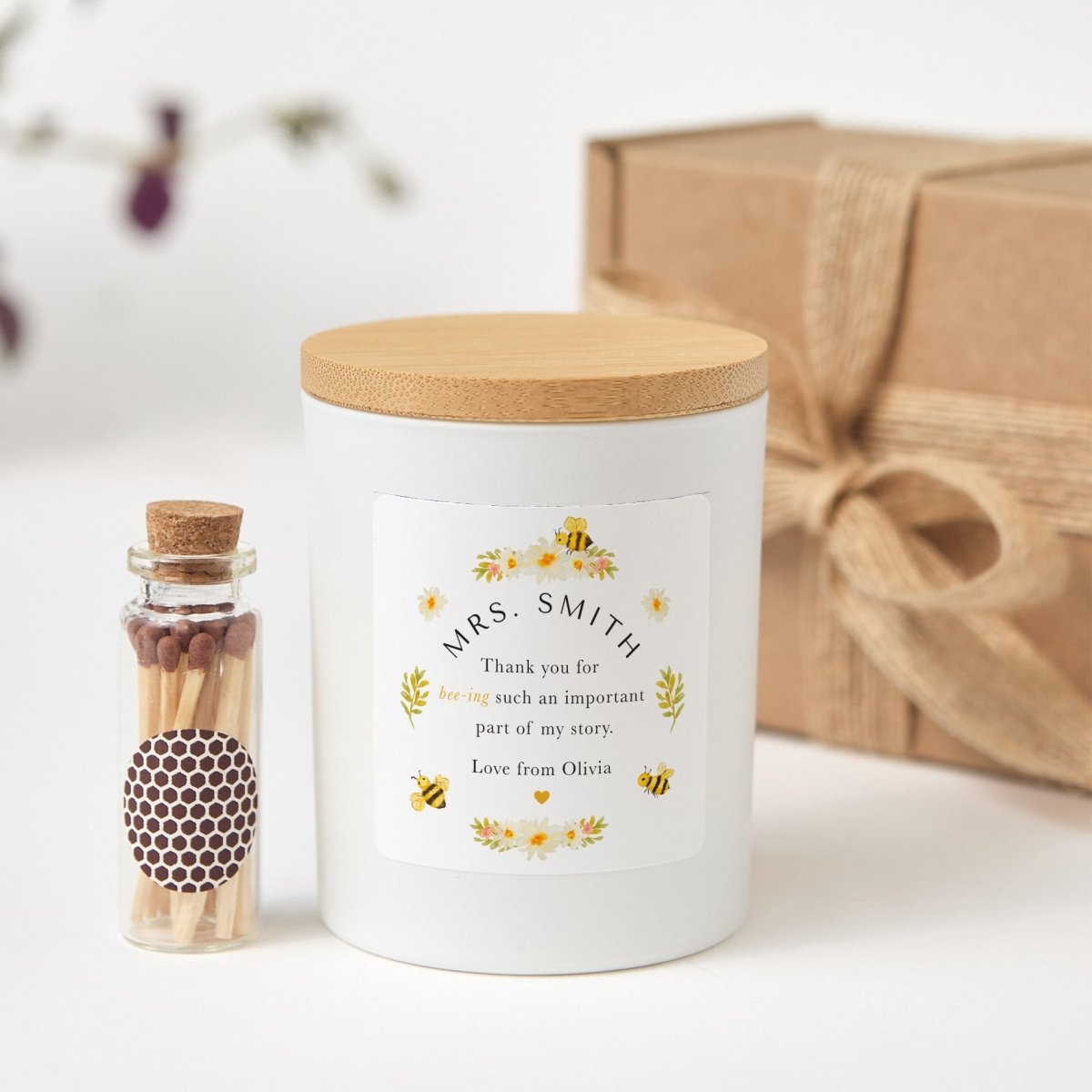 Personalized Teacher Candle Gift, Thank You Present Student, Bee Theme Appreciation Keepsake with Matches