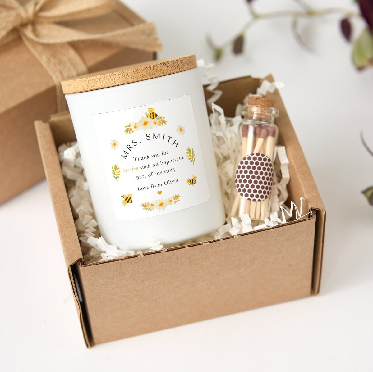 Personalized Teacher Candle Gift, Thank You Present Student, Bee Theme Appreciation Keepsake with Matches